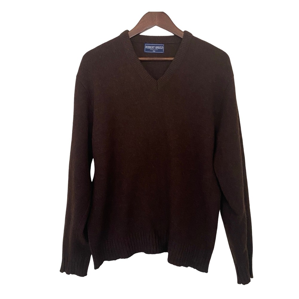Robert Bruce Vintage Mens V-Neck Sweater XL Brown Made in USA Knit Pullover